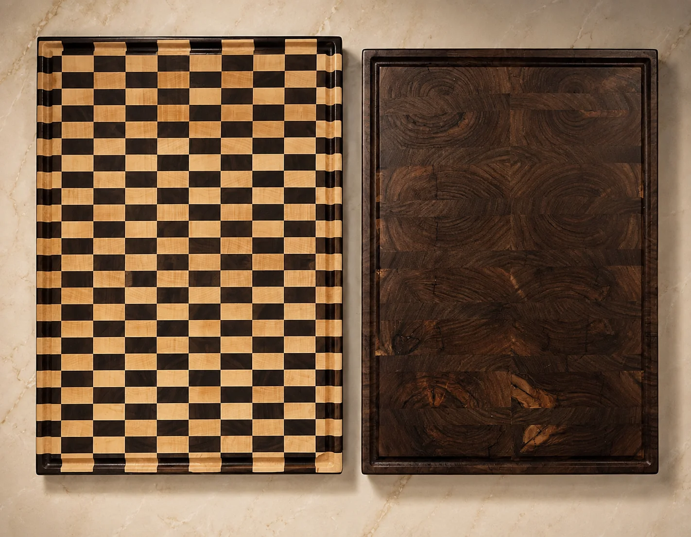 Checker-pattern and dark walnut cutting boards displayed as a coordinated pair