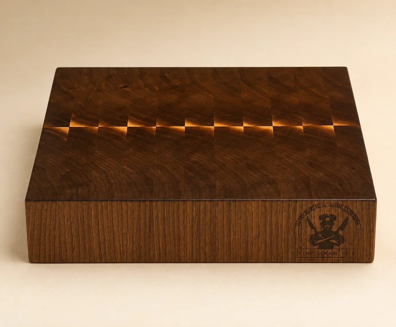 Extra-thick dark end-grain butcher block with a stepped top pattern