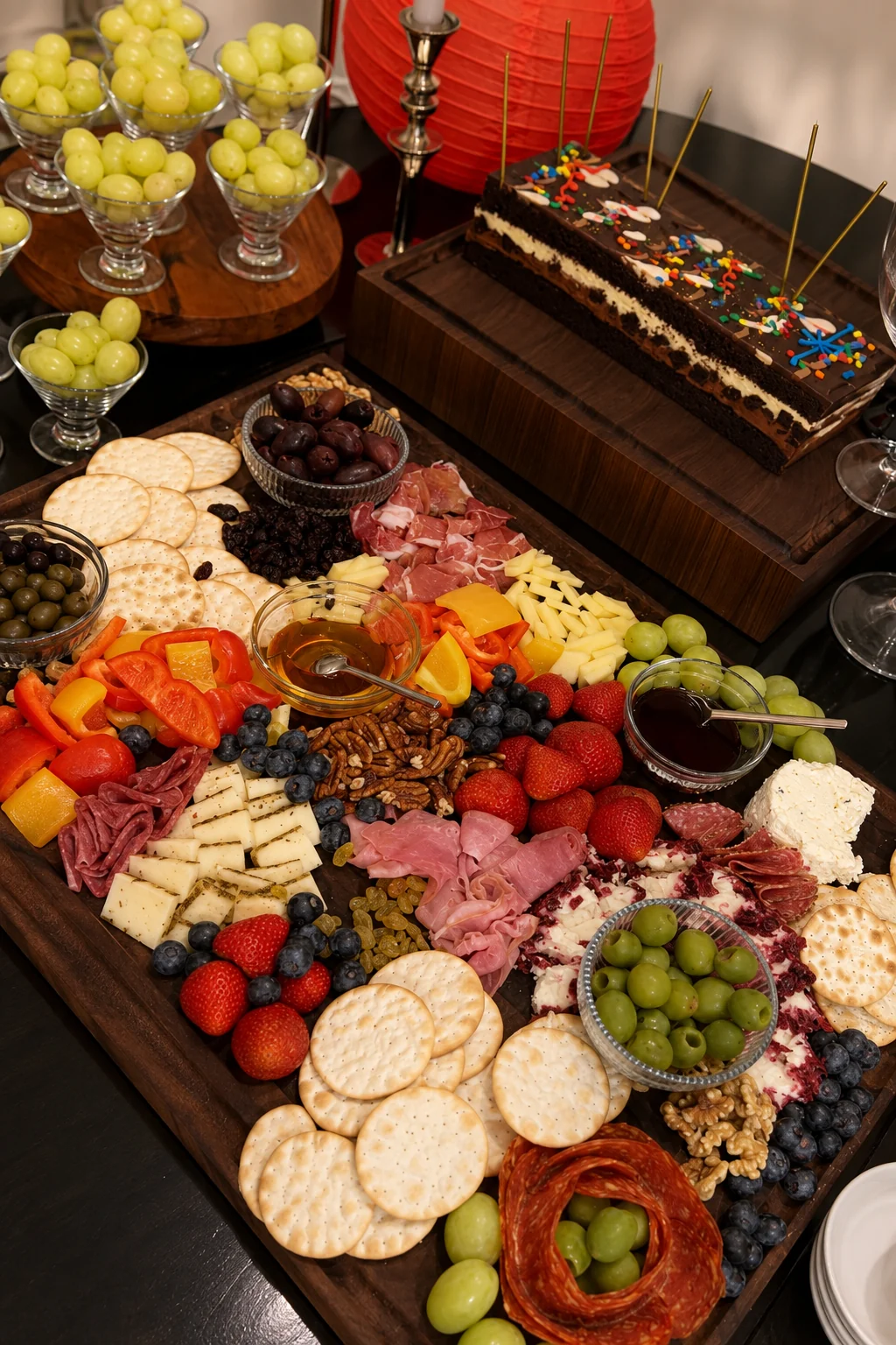Expansive charcuterie presentation on handcrafted wood boards
