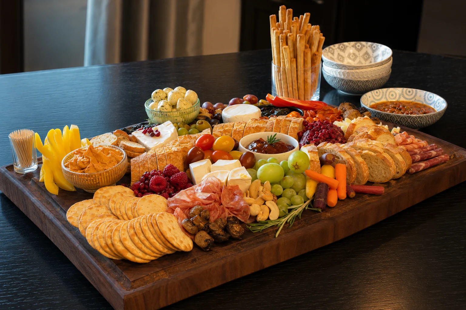 Large hardwood serving board filled with breads, fruit, cheese, and charcuterie