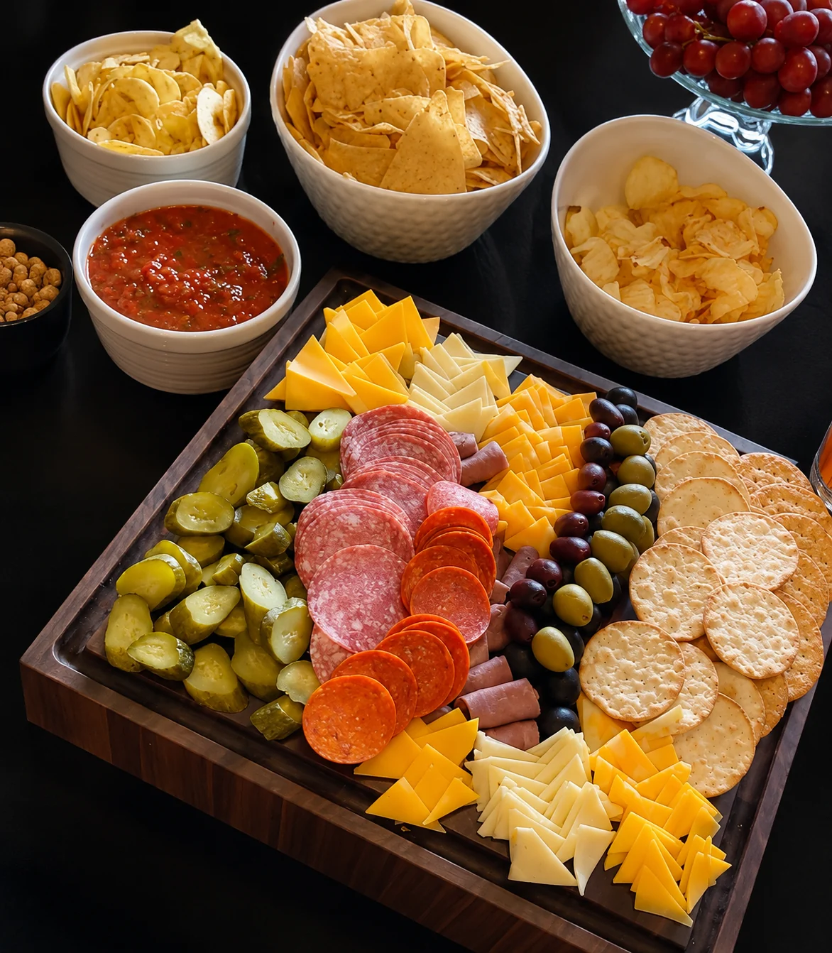 Large walnut serving board arranged with cheese, charcuterie, olives, and crackers
