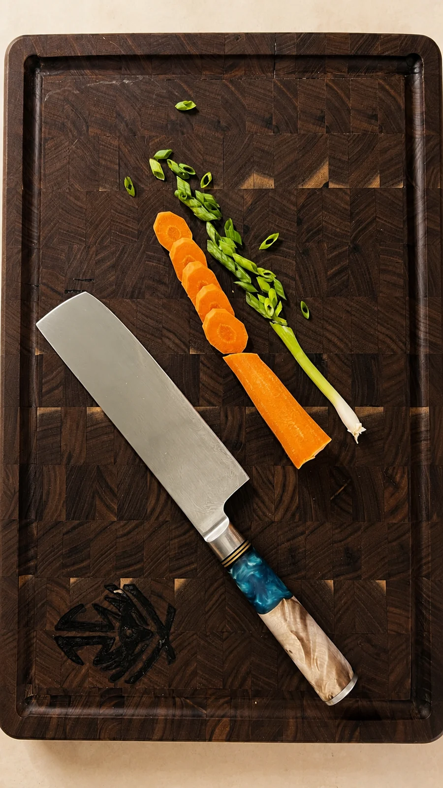 Handcrafted end-grain cutting board in a bright kitchen