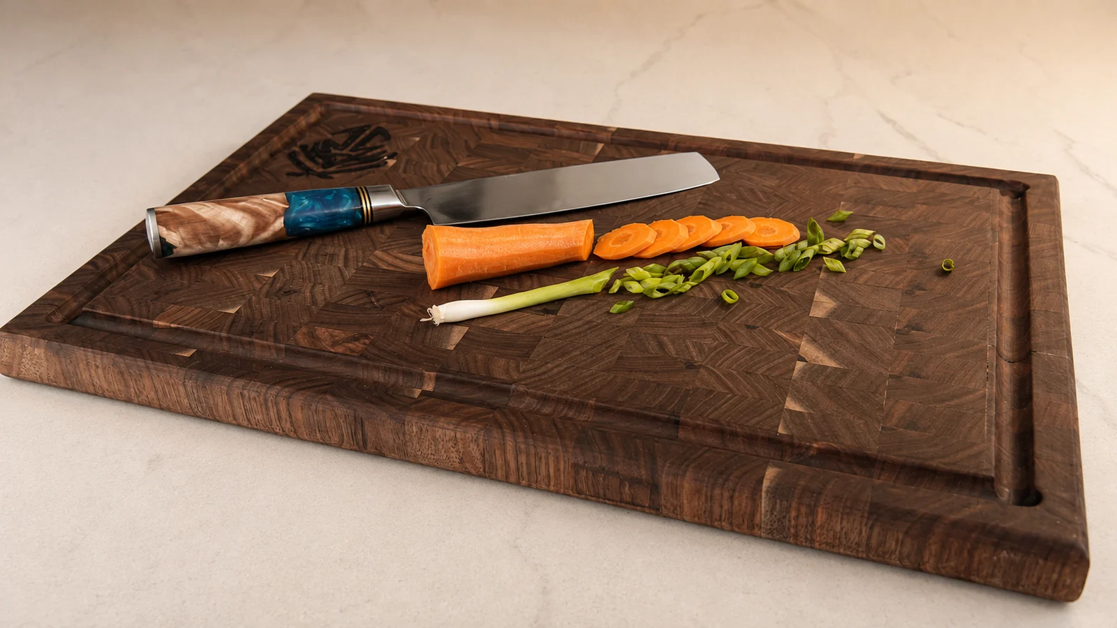Large walnut cutting board prepared for kitchen use