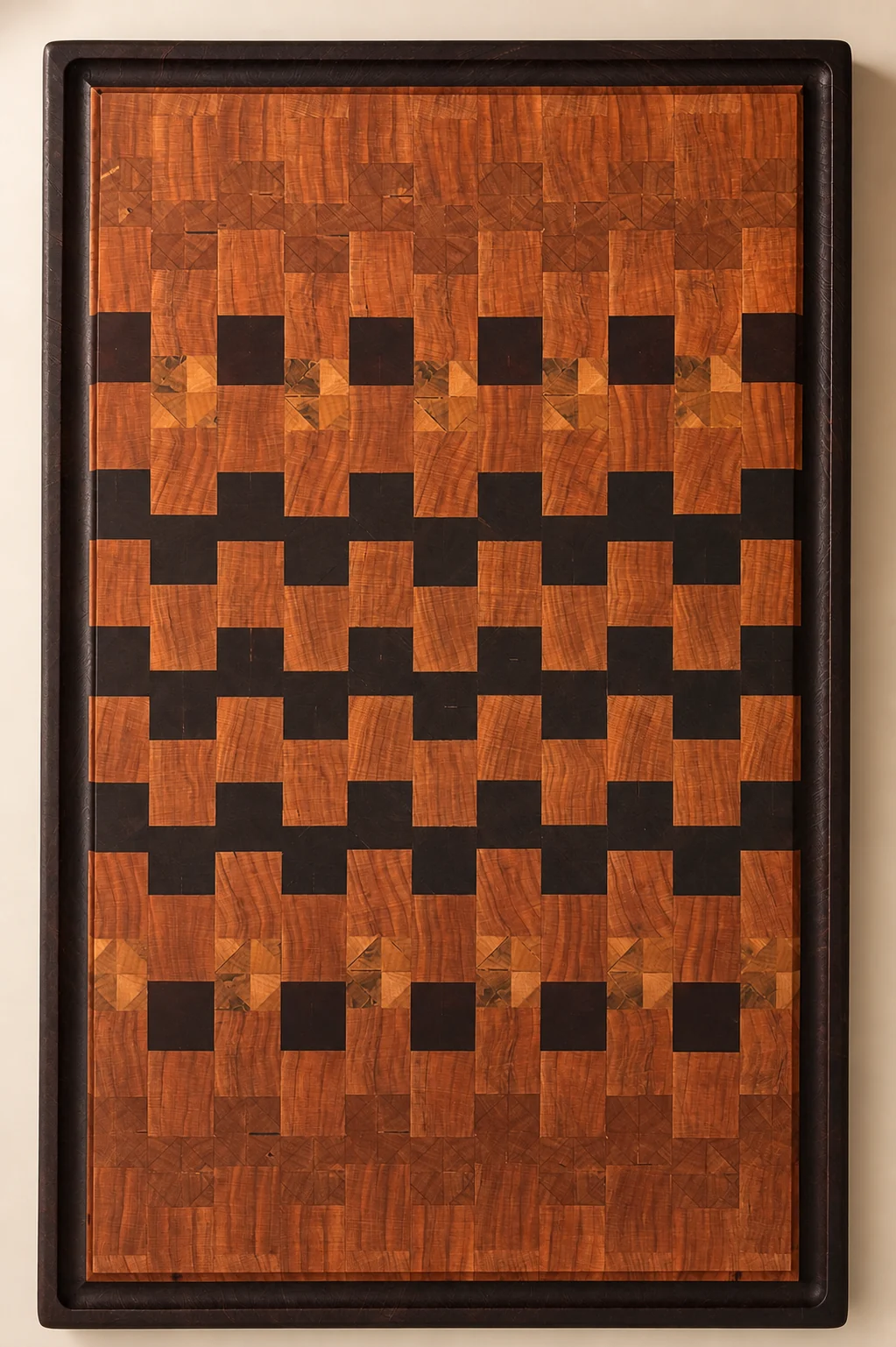 Rectangular cutting board with interlocking light and dark wood patterns