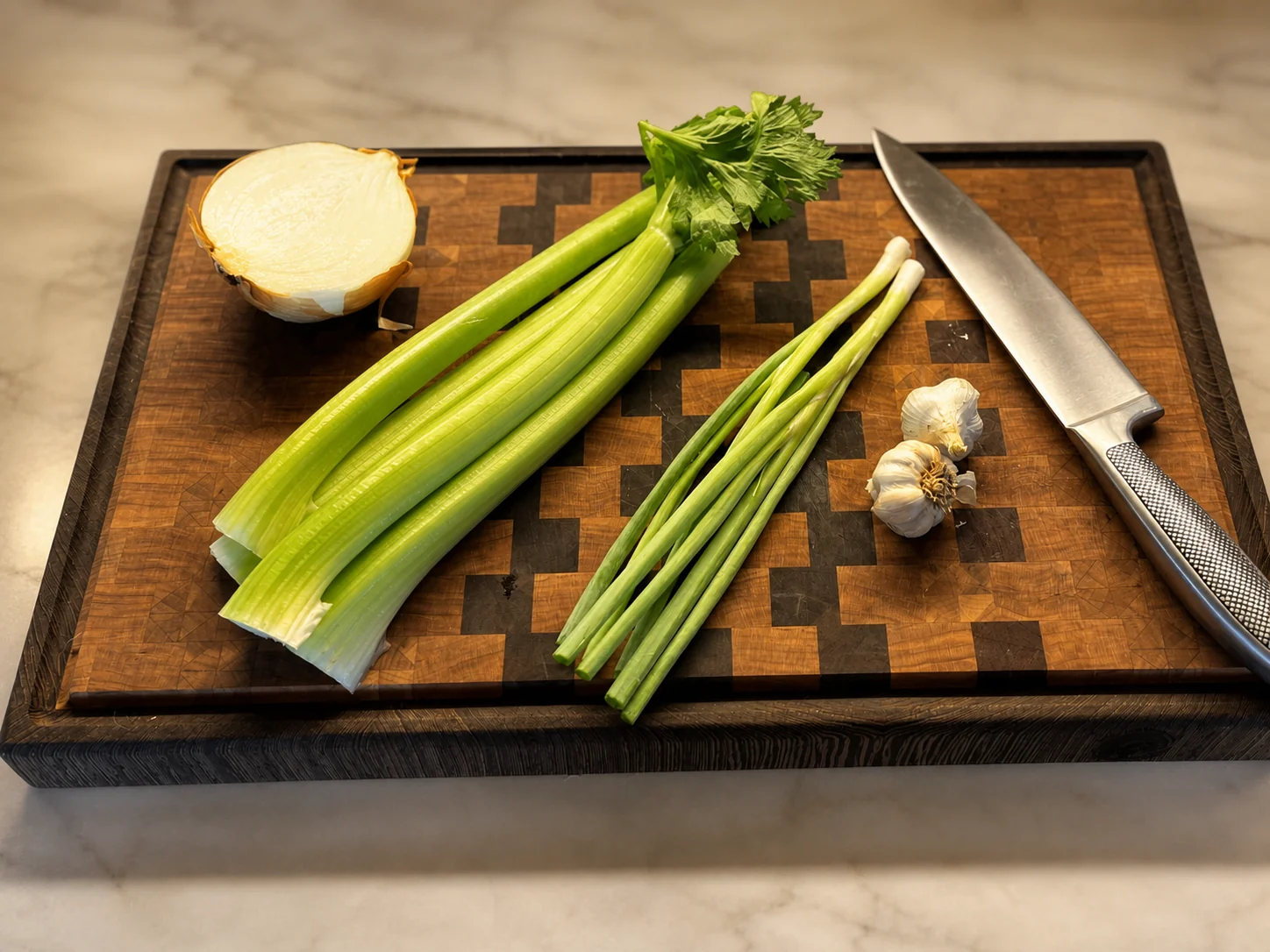 Chaos-pattern end-grain cutting board highlighted on a neutral surface