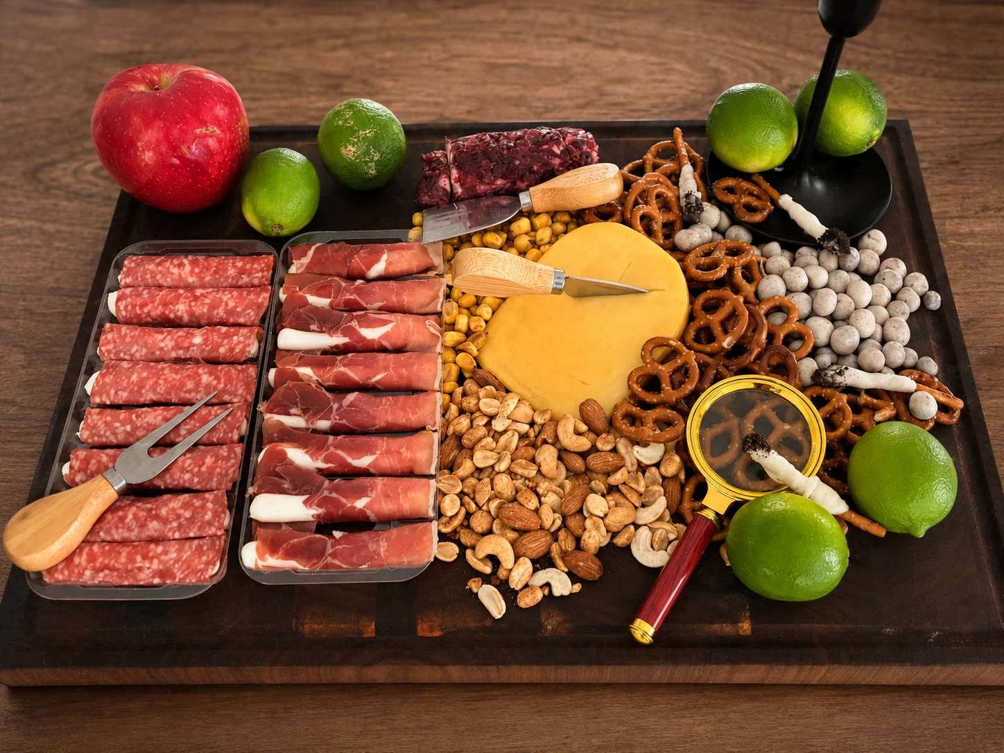 Dark wood serving board arranged as a playful Halloween charcuterie spread