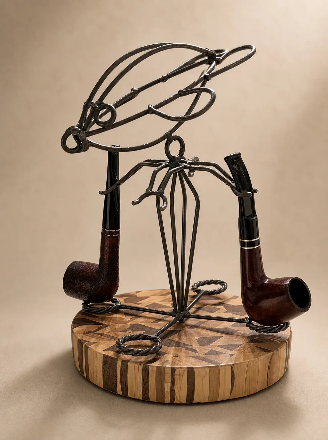Hand-formed metal pipe-holder figure standing on a striped hardwood base