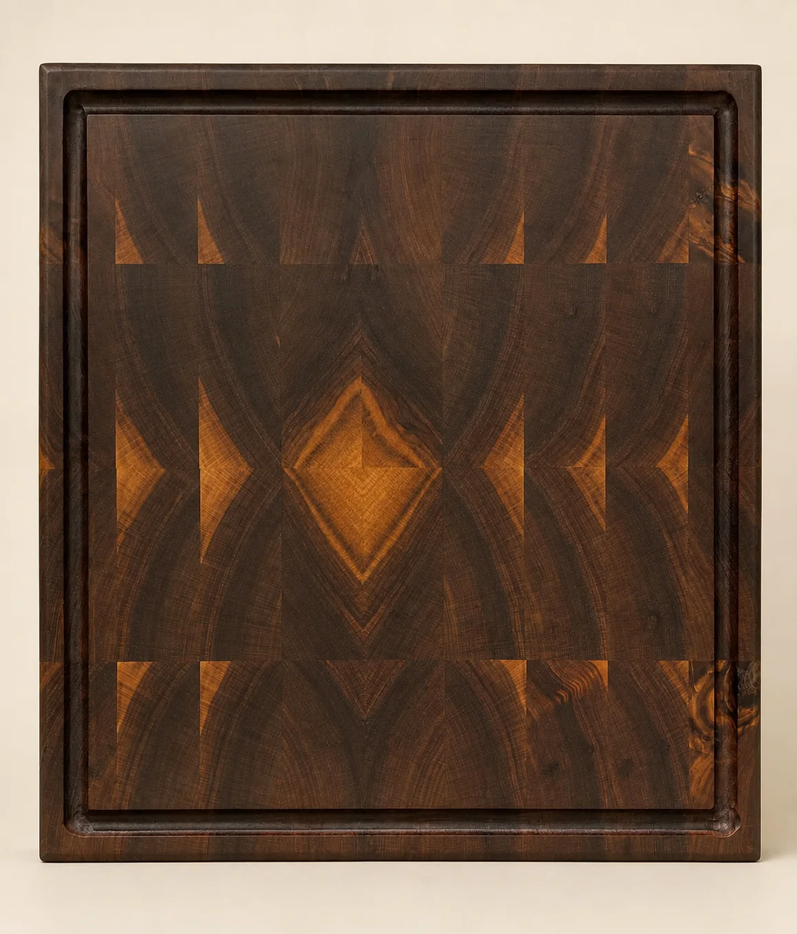 Dark walnut cutting board with diamond shapes formed naturally by contrasting sapwood
