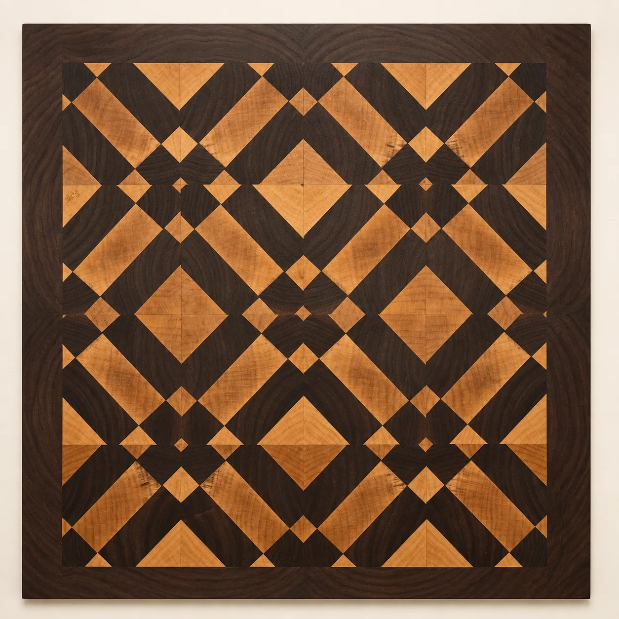 Square walnut and maple board with an intricate repeating diamond pattern