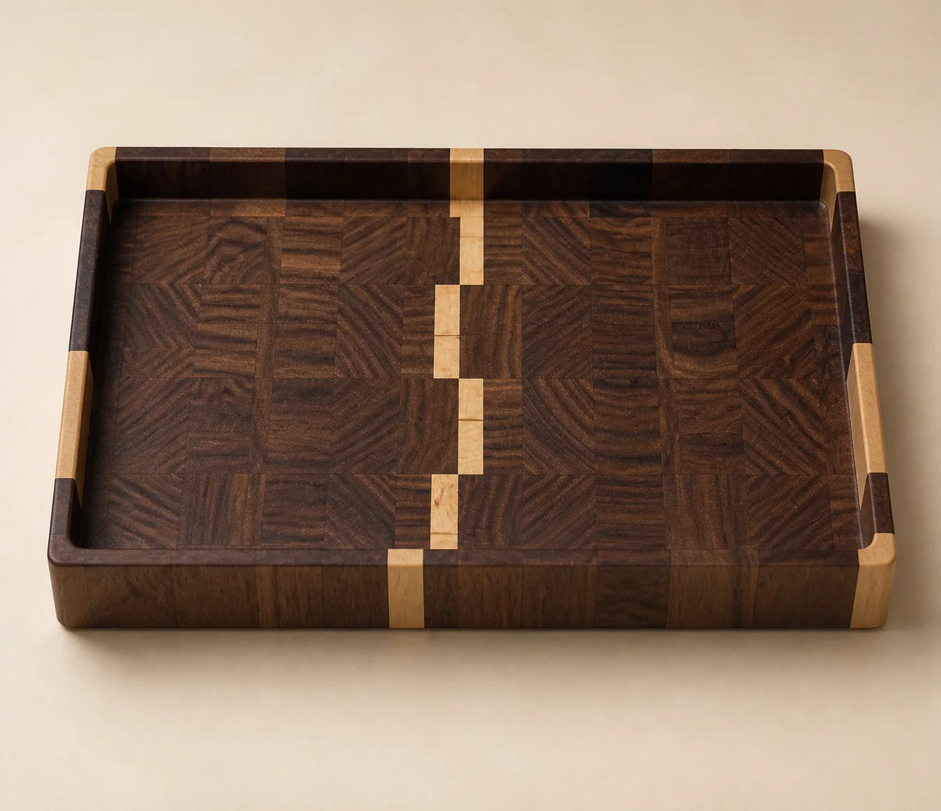 Walnut serving tray with raised sides and a precise light-and-dark center inlay
