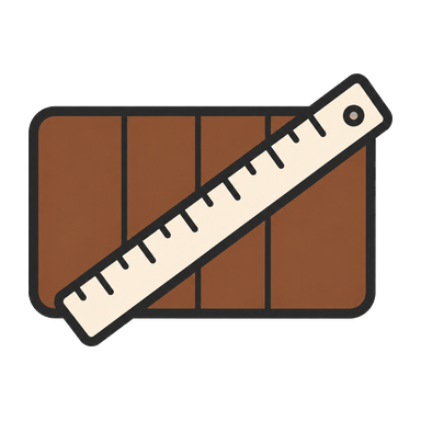 Rectangular cutting board and ruler representing dimensions and materials